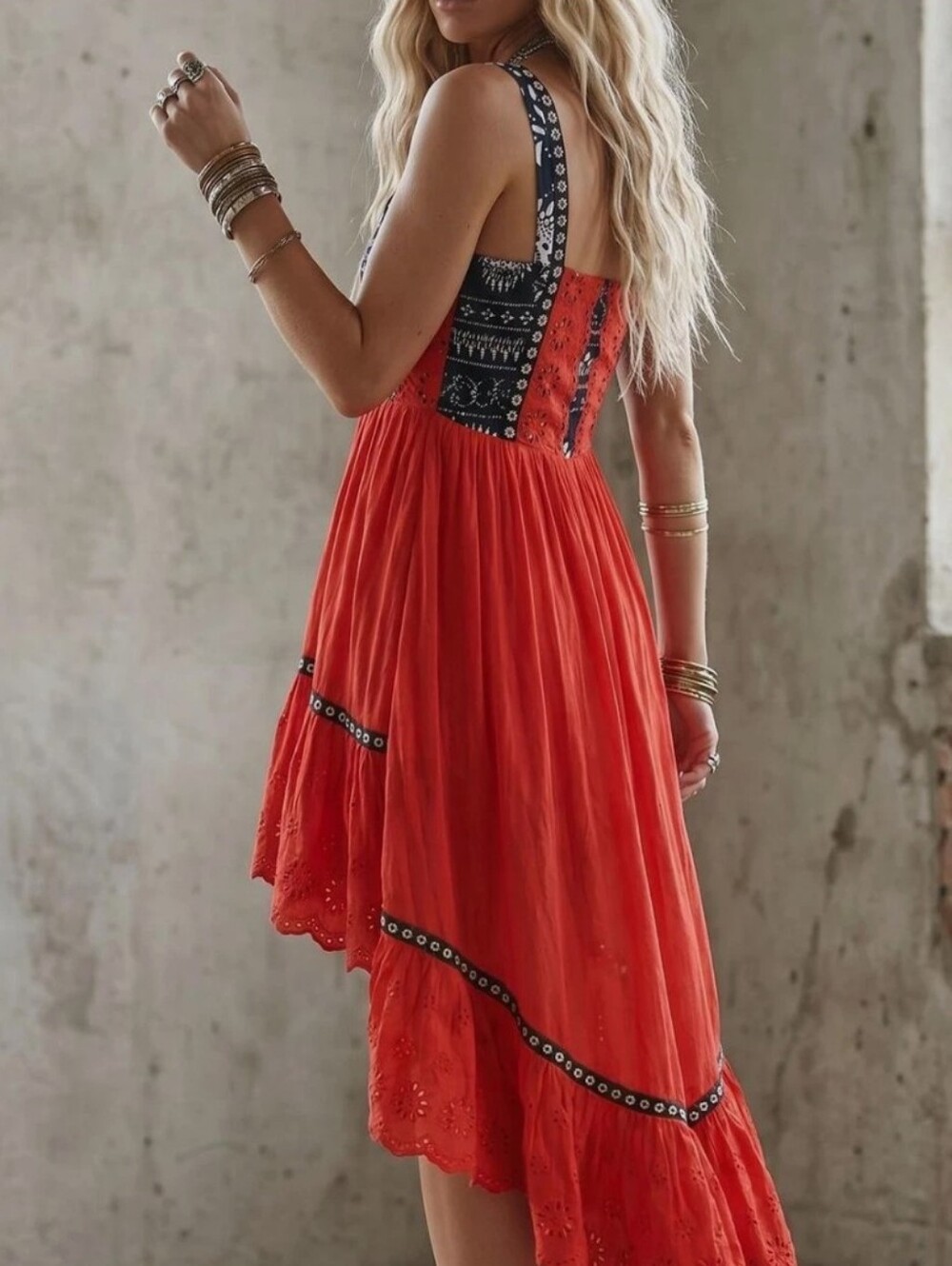 Free People Bossa Nova Maxi Dress Red Navy Boho Flowy Festival Statement Dress - Picture 2 of 7
